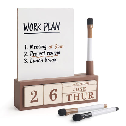 SELEAD Wooden Block Desk Calendar with Dry Erase White Board, Brown