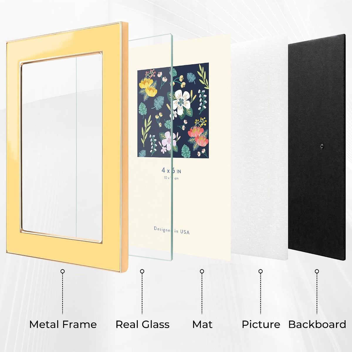 4x6 Enamel Picture Frame with Gold Metal Edge & HD Tempered Glass, Yellow