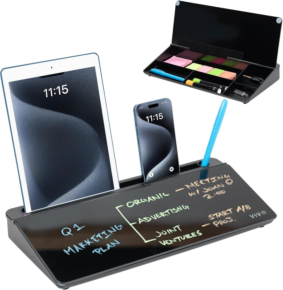 VIVO Black Glass 16 x 7 in Dry Erase Board with Storage, DESK-WB16B