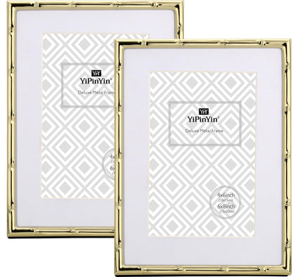 4x6'' Bamboo Detail Double Photo Frames,Silver 6x4'' Double Metal Picture Frames,Elegant Silver Plated Photo Frames 4 x 6'' With Soft Touch Velvet Backing and Real Glass for Desktop and Shelf Decor