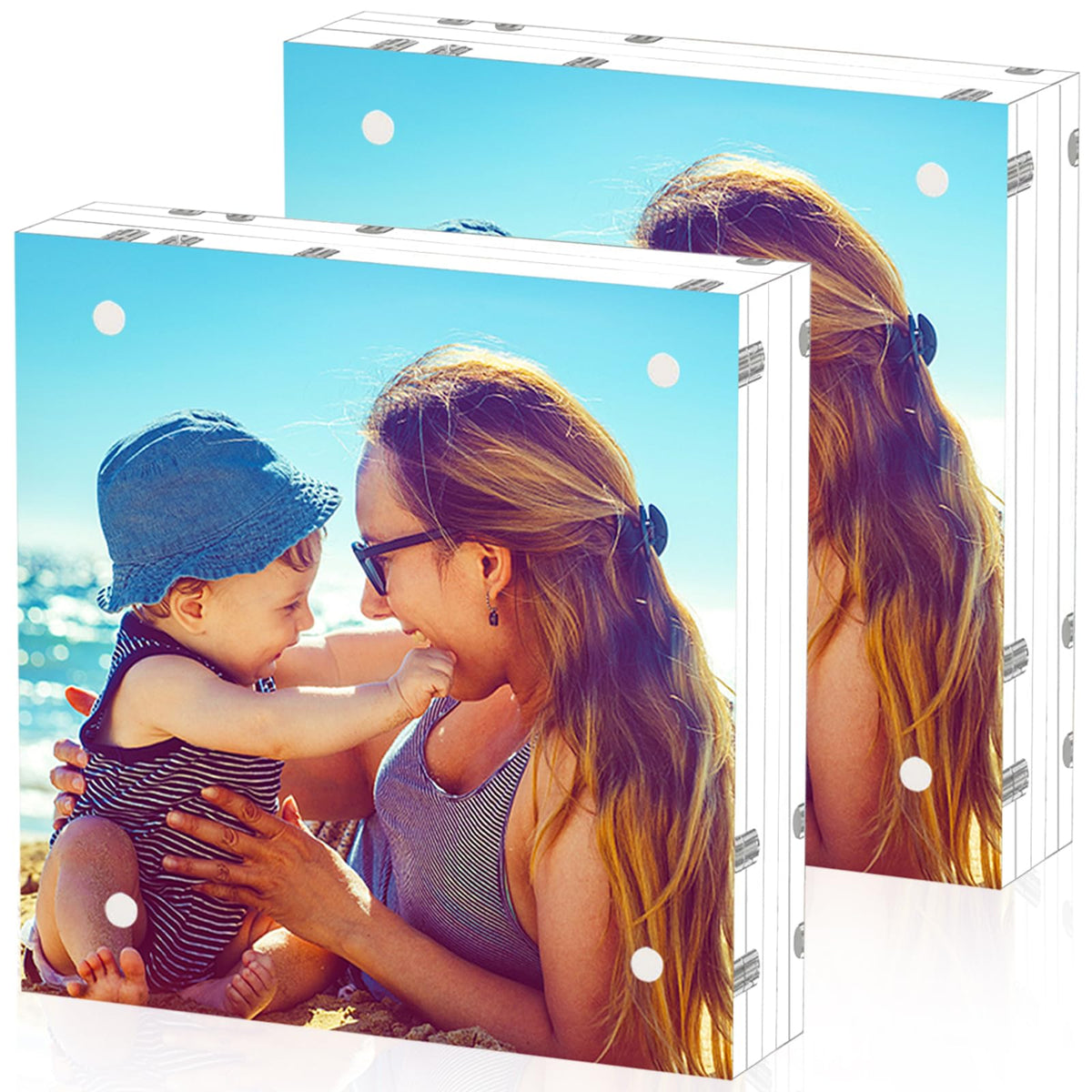 HELPLEX Acrylic Frames, 2 Pack 5x7, 24mm Thicker Frameless Clear Picture Frame, Double Sided Magnetic, Free Standing Desktop Display