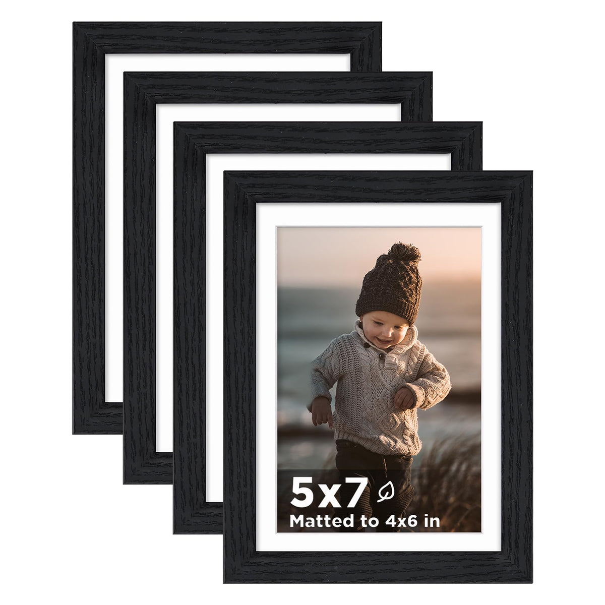 KINLINK 5x7 Picture Frames, Mix Color Photo Frames with Plexiglass for Picture 4x6 with Mat or 5x7 without Mat, Composite Wood Picture Frames for Table Top and Wall Mounting, Set of 4