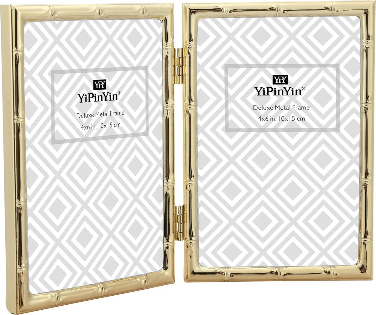 4x6'' Bamboo Detail Double Photo Frames,Silver 6x4'' Double Metal Picture Frames,Elegant Silver Plated Photo Frames 4 x 6'' With Soft Touch Velvet Backing and Real Glass for Desktop and Shelf Decor