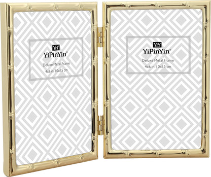 4x6'' Bamboo Detail Double Photo Frames,Silver 6x4'' Double Metal Picture Frames,Elegant Silver Plated Photo Frames 4 x 6'' With Soft Touch Velvet Backing and Real Glass for Desktop and Shelf Decor