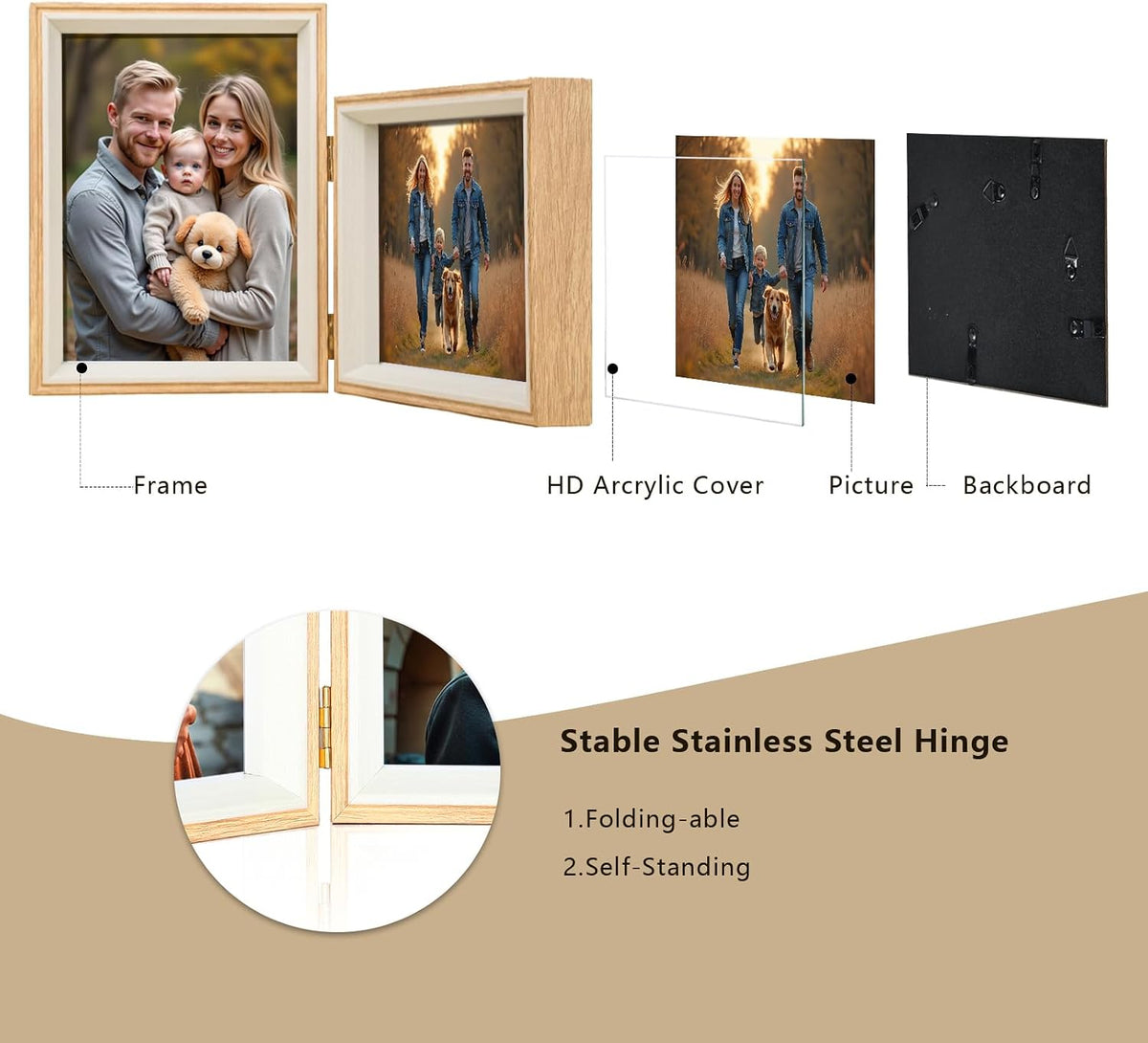 4x6 Double Hinged Picture Frame,College Photo Standing Display, PS02-WGD6