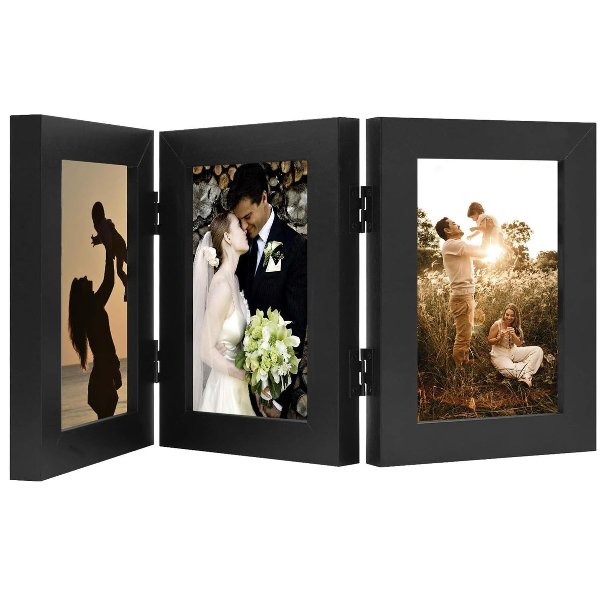 Golden State Art, 5x7 Triple Picture Frame Black- Real Glass, 1 Pack