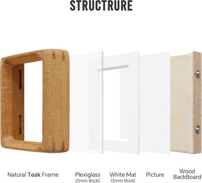 Wooden Picture Frames, 2.5x3.5 Small Polaroid Picture Frame Matted to 2x3 with Plexiglass, Teak Solid Natural Wood Tiny Photo Frame, For TableTop and Wall Mounting