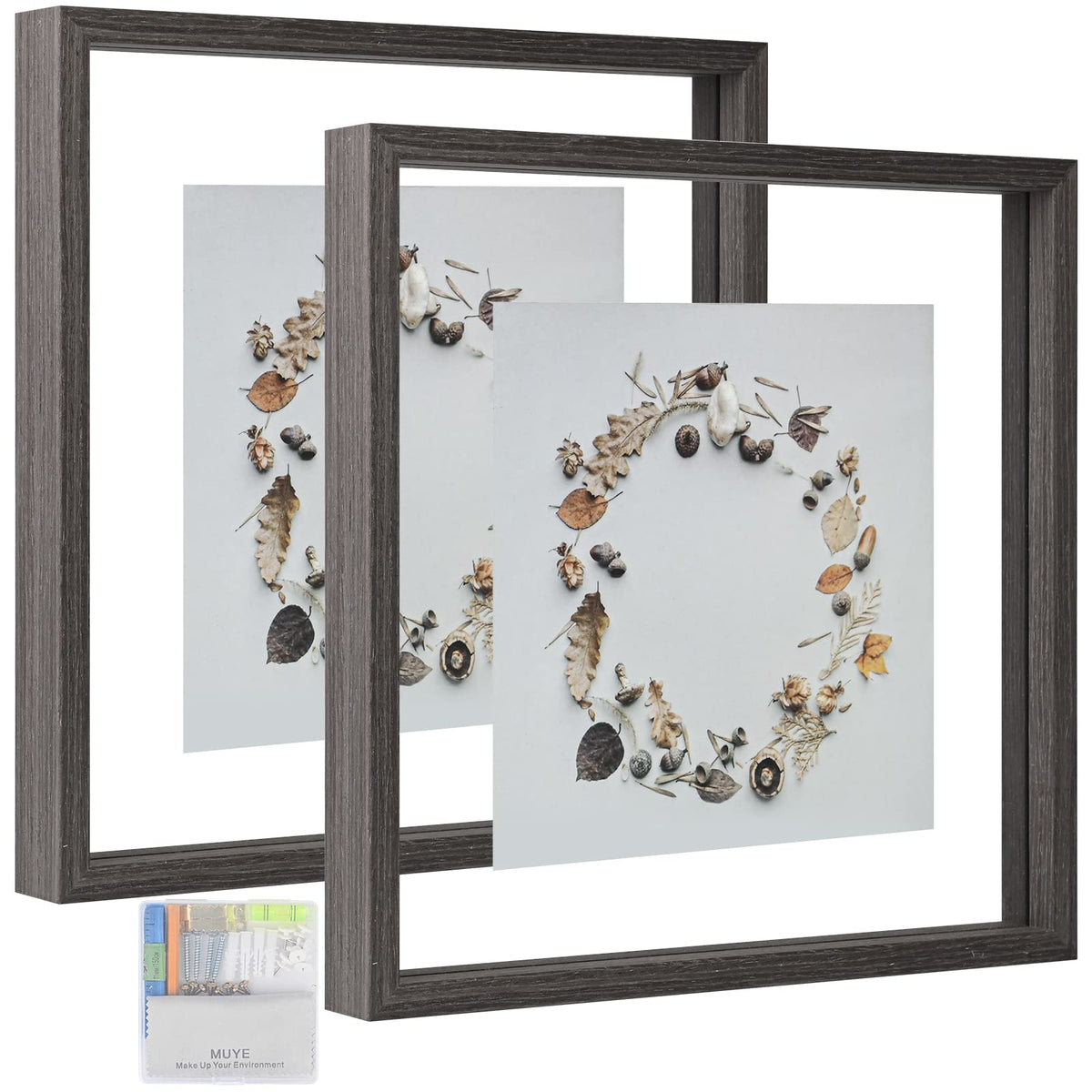 MUYE 5x7 Floating Frame Set of 2,Double Glass Rustic Photo Frame for Wall Hanging or Tabletop Standing,Also Display 4x6 or 3x5 Photo for Floating Effect,Natural