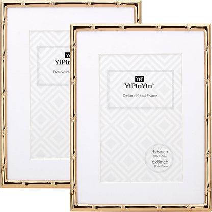 6x8''Bamboo Detail Dark Gold Metal Picture Frame 2pack,With Acid Frame Mount for 4x6'',Elegant Gold Plated Baby Nurse Photo Frames 6x8''With Soft Touch Velvet Backing for Desktop and Wall Décor