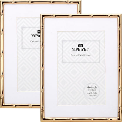 YiPinYin Dark Gold 4x6'' Bamboo Detail Designs Hinged Triple Metal Picture Frame,Elegant Gold Plated Wedding Photo Frames With Soft Touch Velvet Backing for Desktop and Wall Décor