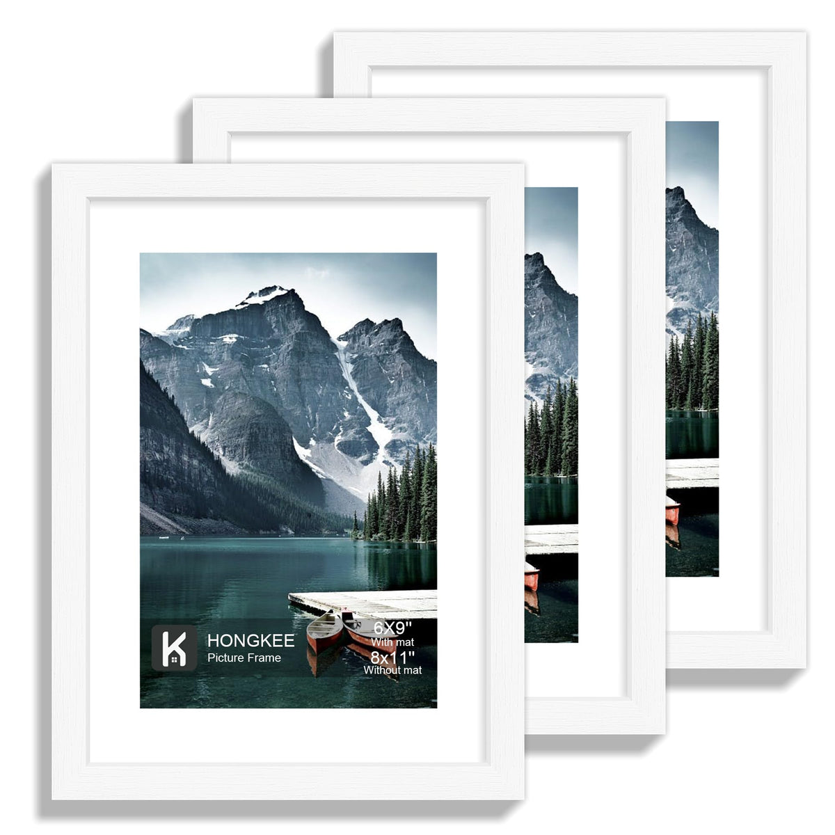 Hongkee 12x12 White Picture Frames Set of 3, Real Glass, Wood Frame,Mat 8x8