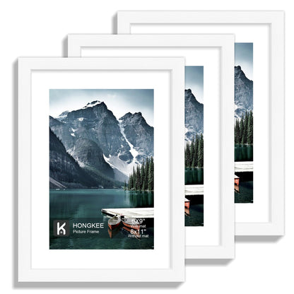 Hongkee 12x12 White Picture Frames Set of 3, Real Glass, Wood Frame,Mat 8x8