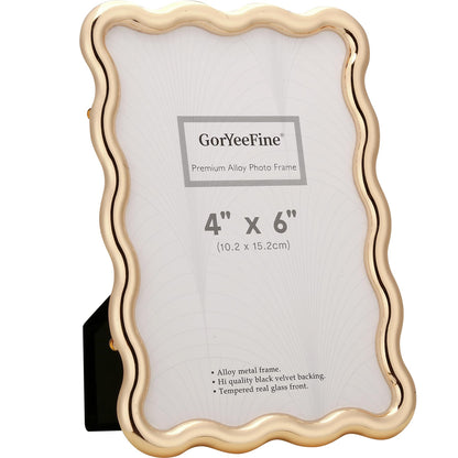 Gold 4 x 6'' High-End Zinc Alloy Picture Frame with Wave Design - Modern Glamour 6x4'' Pictures Frames for Desktop and Wall Décor