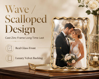 YiPinYin 4x6‘’ Gold Picture Frames Set of 2,High-End Heavy Duty Zinc Alloy Photo Frames with Wave Design,Velvet Backing, Dual Use for Desktop Display & Wall Hanging