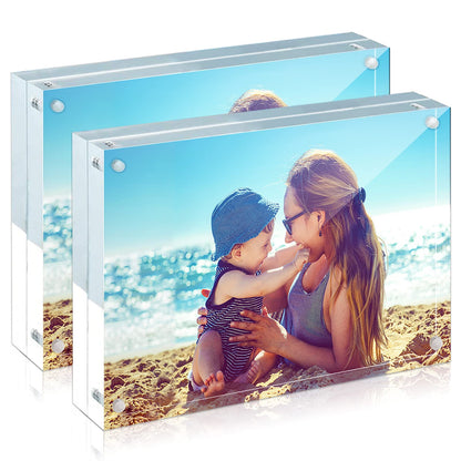 HELPLEX Acrylic Frames, 2 Pack 5x7, 24mm Thicker Frameless Clear Picture Frame, Double Sided Magnetic, Free Standing Desktop Display