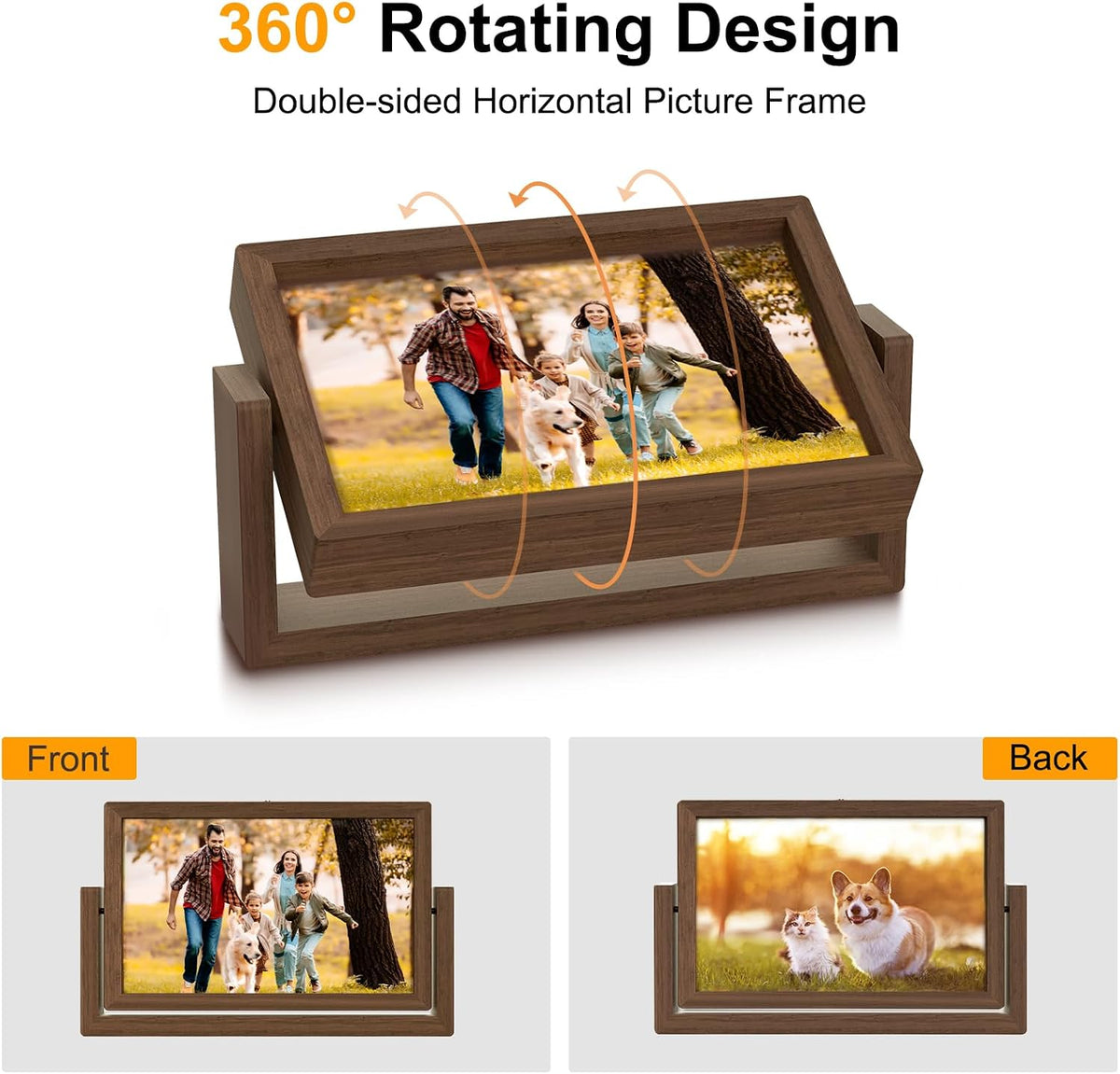 Mixoo 4x6 Picture Frame Rotating Photo Frame, Wooden Picture Frames 4x6 Horizontal Double sided Rustic Floating Frame for Desk Tabletop Family Office Wedding Graduation Gifts Teacher Appreciation Gifts