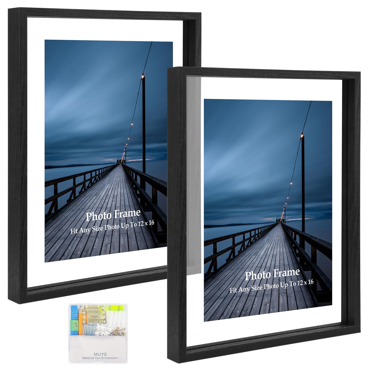 MUYE 5x7 Floating Frame Set of 2,Double Glass Rustic Photo Frame for Wall Hanging or Tabletop Standing,Also Display 4x6 or 3x5 Photo for Floating Effect,Natural