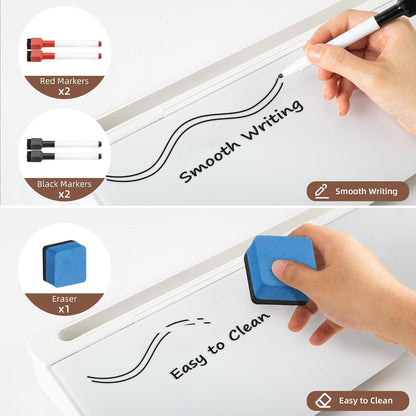VUSIGN Glass Desktop Dry Erase Whiteboard with Hidden Storage | Sturdy Hinge Design, Scratch-Resistant Glass Surface, 4 High-Visibility Markers | Desk Buddy Organizer for Home Office (White)