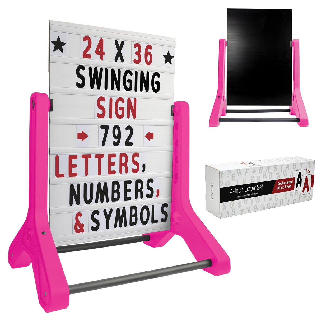 Swinging Changeable Message Sidewalk Sign: 24" x 36" Sign with 792 Pre-Cut Double Sided Letters and Storage Box. Includes Black Board & Letter Board (Black Color Legs)