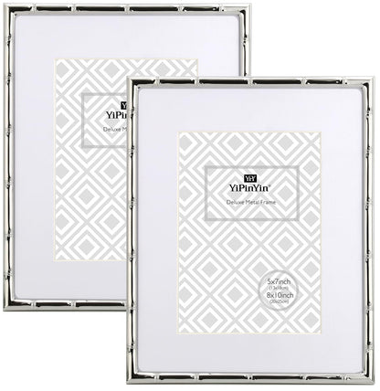 4x6'' Bamboo Detail Double Photo Frames,Silver 6x4'' Double Metal Picture Frames,Elegant Silver Plated Photo Frames 4 x 6'' With Soft Touch Velvet Backing and Real Glass for Desktop and Shelf Decor