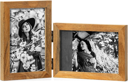 Double 4x6 Hinged Picture Frame Vertical Horizontal Folding Photo Frame Pine Wood with Real Glass, Matted to 3x5, Table Desktop Free-Standing or Wall Art Display, Brown