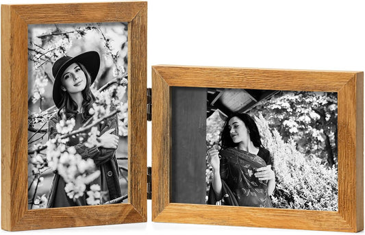 Double 4x6 Hinged Picture Frame Vertical Horizontal Folding Photo Frame Pine Wood with Real Glass, Matted to 3x5, Table Desktop Free-Standing or Wall Art Display, Brown