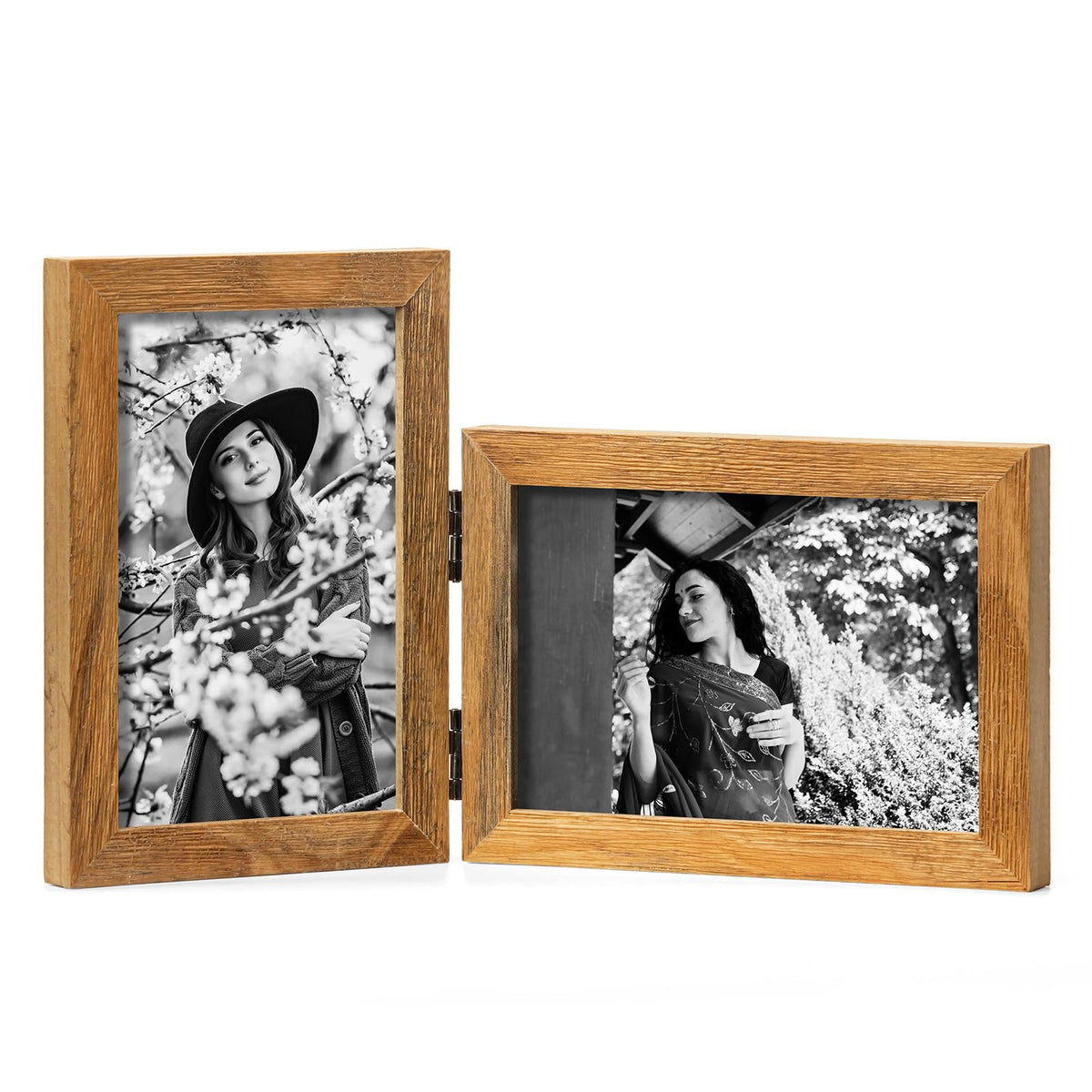 Double 4x6 Hinged Picture Frame Vertical Horizontal Folding Photo Frame Pine Wood with Real Glass, Matted to 3x5, Table Desktop Free-Standing or Wall Art Display, Brown
