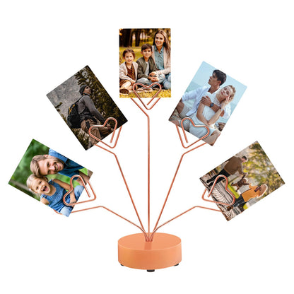 Desktop Heart-Shaped Photo Tree Style Holders Round Base,5-Branch Family Picture Frame Clips Holder Desk Card Display Stand for Christmas,Wedding, Birthday Party,Gift (Golden)