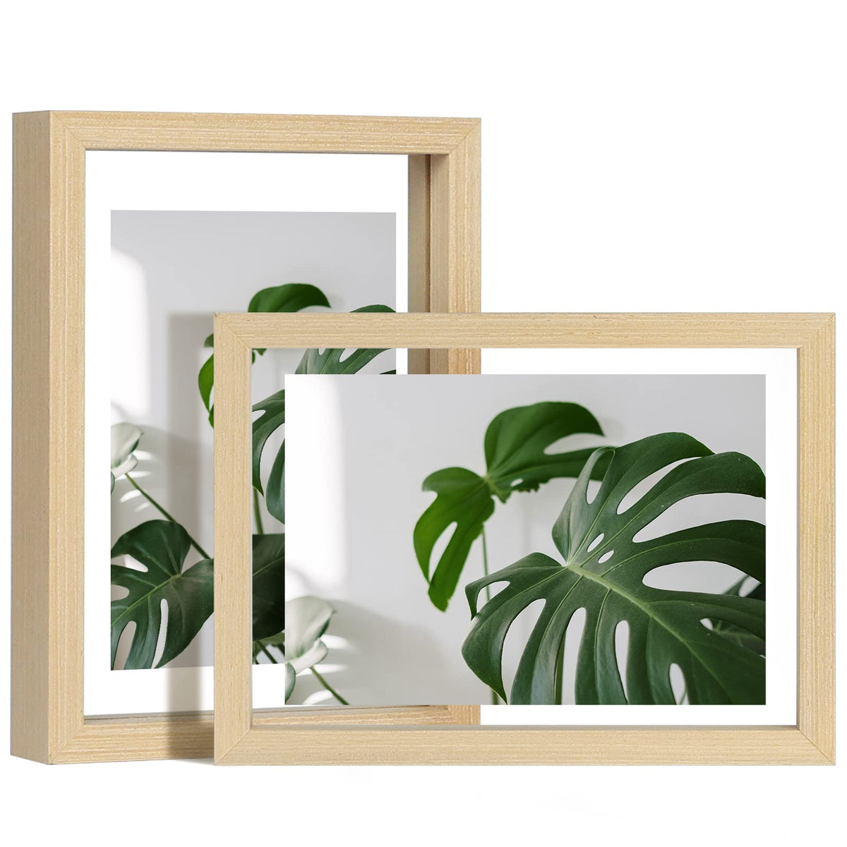 Egofine 5x7 Floating Frames Set of 2, Double Plexiglass Picture Frame, Made of Solid Wood Display Any Size Photo up to 5x7, Wall Mount or Tabletop Standing, Natural Wood