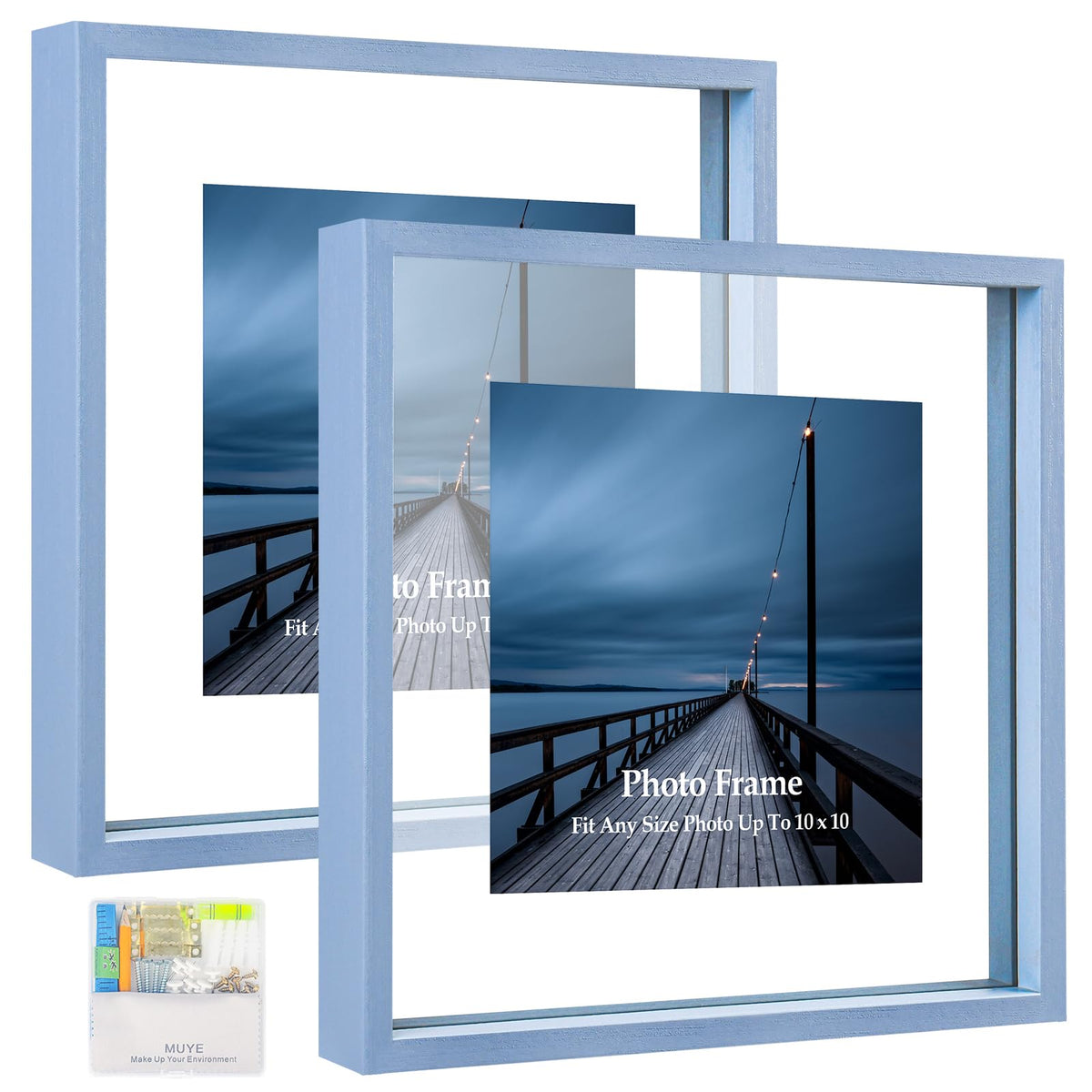 MUYE 5x7 Floating Frame Set of 2,Double Glass Rustic Photo Frame for Wall Hanging or Tabletop Standing,Also Display 4x6 or 3x5 Photo for Floating Effect,Natural