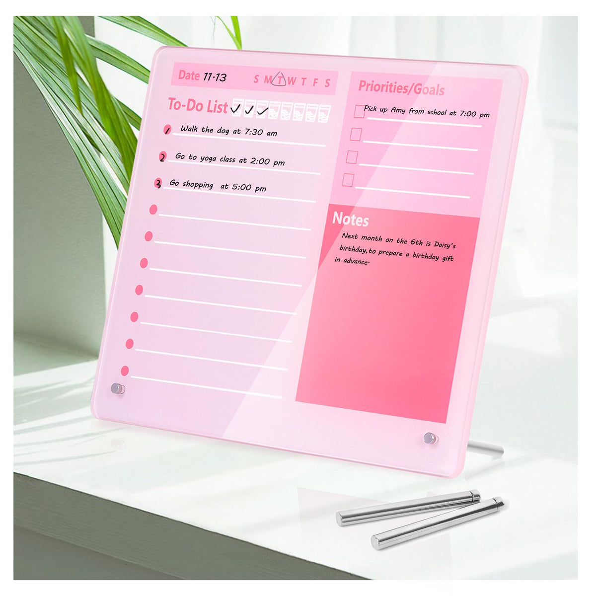 Desktop Thickened Acrylic Dry Erase Board to do List Planner Board，12"x10"，Tabletop Whiteboard with Stand，Frameless Pink Dry Erase White Board，for Office/Home/School