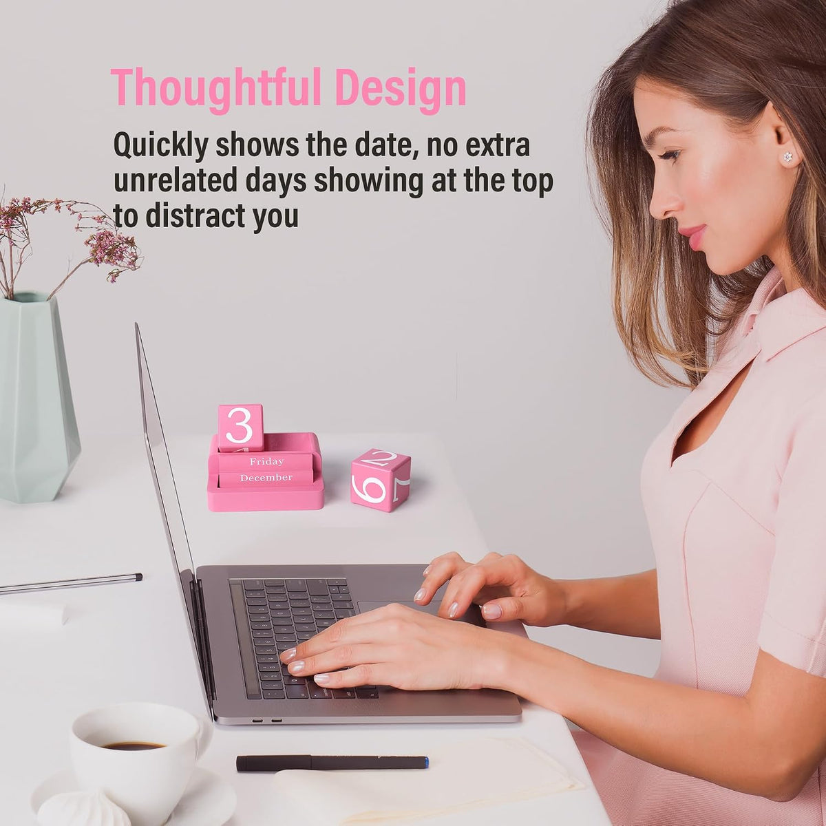 Wooden Block Calendar for Desk, Daily Desktop Perpetual Desk Calendar, Modern Farmhouse Aesthetic Desk Accessories for Home Office Decor, Teacher, Classroom, Reusable Yearly, Pink