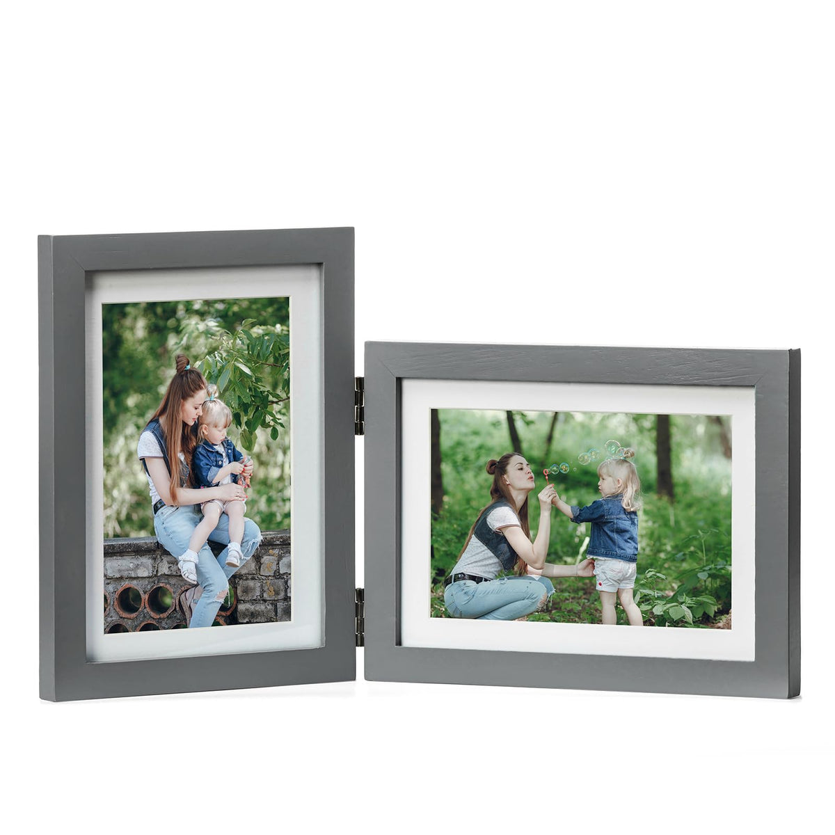 Double 4x6 Hinged Picture Frame Vertical Horizontal Folding Photo Frame Pine Wood with Real Glass, Matted to 3x5, Table Desktop Free-Standing or Wall Art Display, Brown