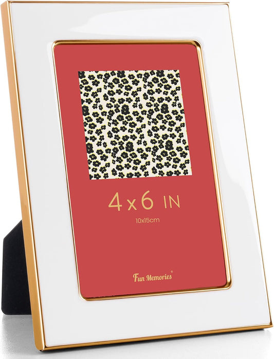 Fun Memories 4x6 Enamel Picture Frame with HD-Tempered Glass, Gold Metal Edge with Easel, Vertical & Horizontal Display, Wall and Tabletop Display Family Photo Gallery (White Enamel,1P)
