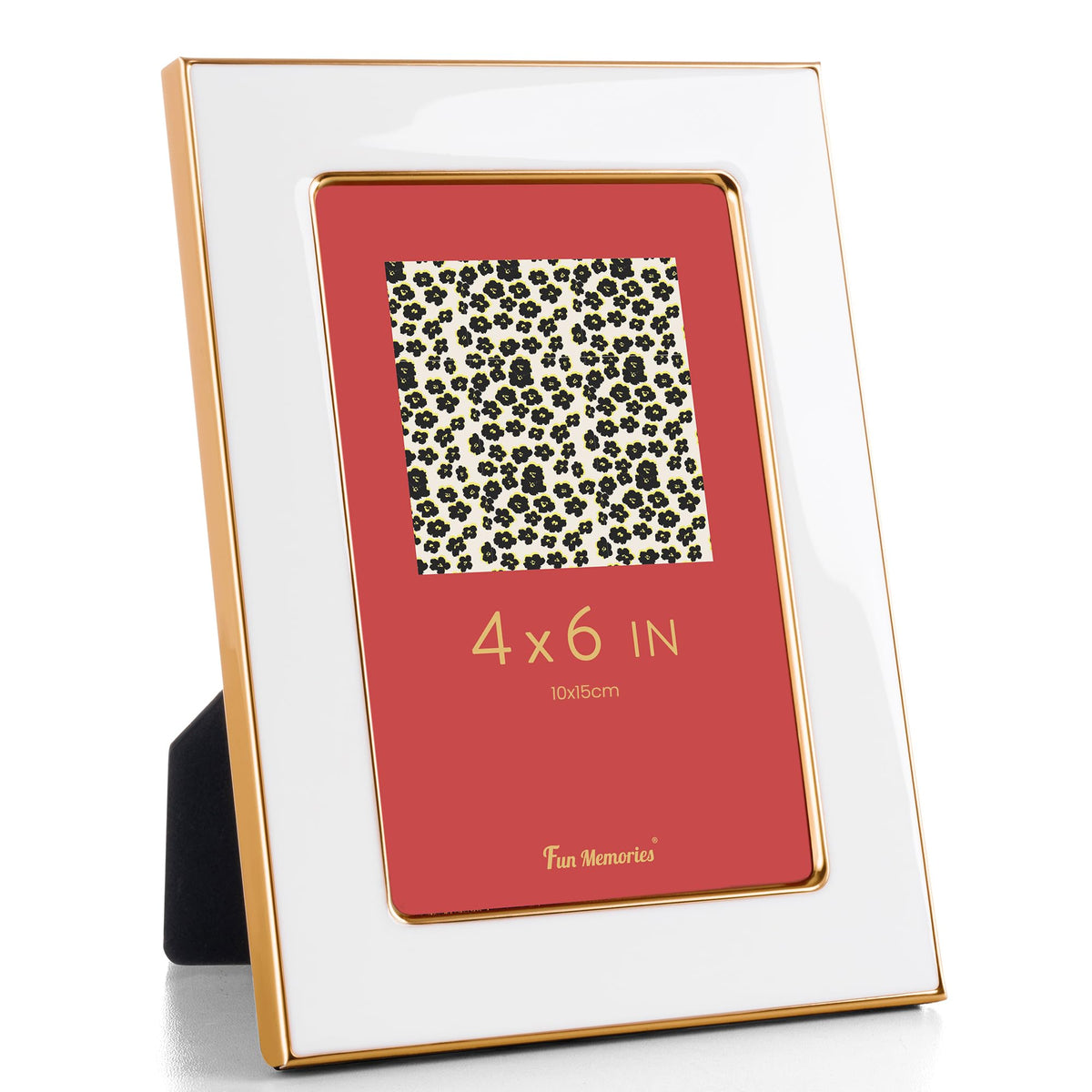 Fun Memories 4x6 Enamel Picture Frame with HD-Tempered Glass, Gold Metal Edge with Easel, Vertical & Horizontal Display, Wall and Tabletop Display Family Photo Gallery (White Enamel,1P)