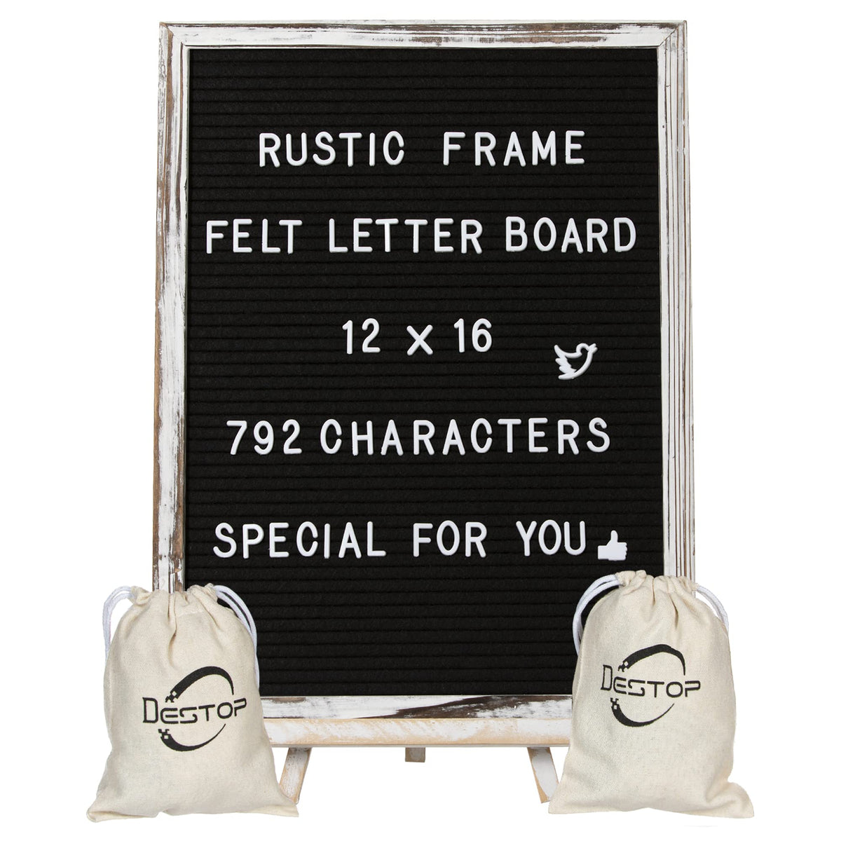 Felt Board With Rustic Vintage Frame and Stand 12x16 Inch,Grey Changeable Message Board Includes 792 Letters, Numbers and Symbols,Hook to Hang, 2 Canvas Bags