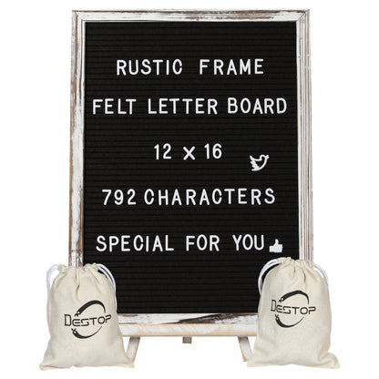 Felt Board With Rustic Vintage Frame and Stand 12x16 Inch,Grey Changeable Message Board Includes 792 Letters, Numbers and Symbols,Hook to Hang, 2 Canvas Bags