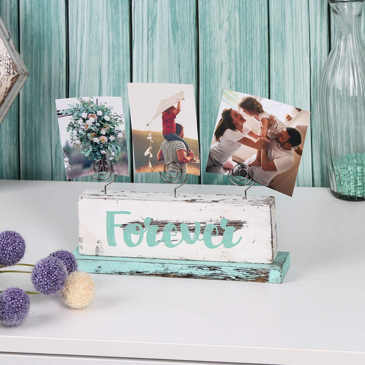 JACKCUBE Design Multi-Photo Display Boho Tabletop Decor Wooden Double Side Memos, Cards, Gallery Display Block with 3 Wire Clips, Desktop Freestanding Polaroid Picture Frame Decoration- MK678A