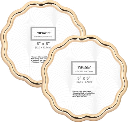 YiPinYin 4x6‘’ Gold Picture Frames Set of 2,High-End Heavy Duty Zinc Alloy Photo Frames with Wave Design,Velvet Backing, Dual Use for Desktop Display & Wall Hanging
