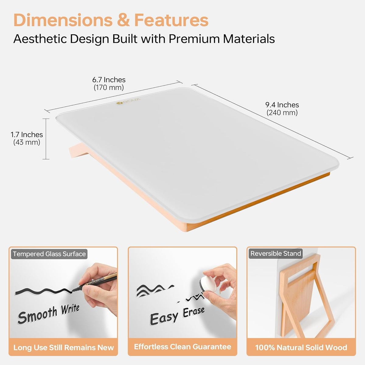 Yeoux Desktop Glass Whiteboard with Reversible Wood Stand 9.5"x6.7"