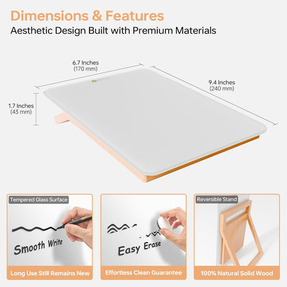 Yeoux Desktop Glass Whiteboard with Reversible Wood Stand 9.5"x6.7"