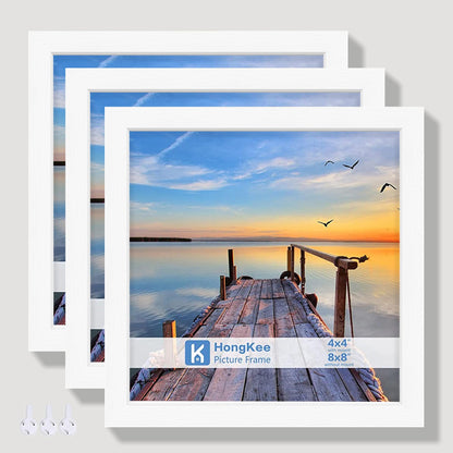 Hongkee 12x12 White Picture Frames Set of 3, Real Glass, Wood Frame,Mat 8x8