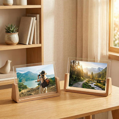 5x7 Rustic Picture Frame Set of 2 Wooden Photo Frames with Base U Shaped Double Sided High Definition Acrylic Covers Menu Holder Sign Card Stand for Tabletop or Desktop Display,Vertical (7-in Vertical)