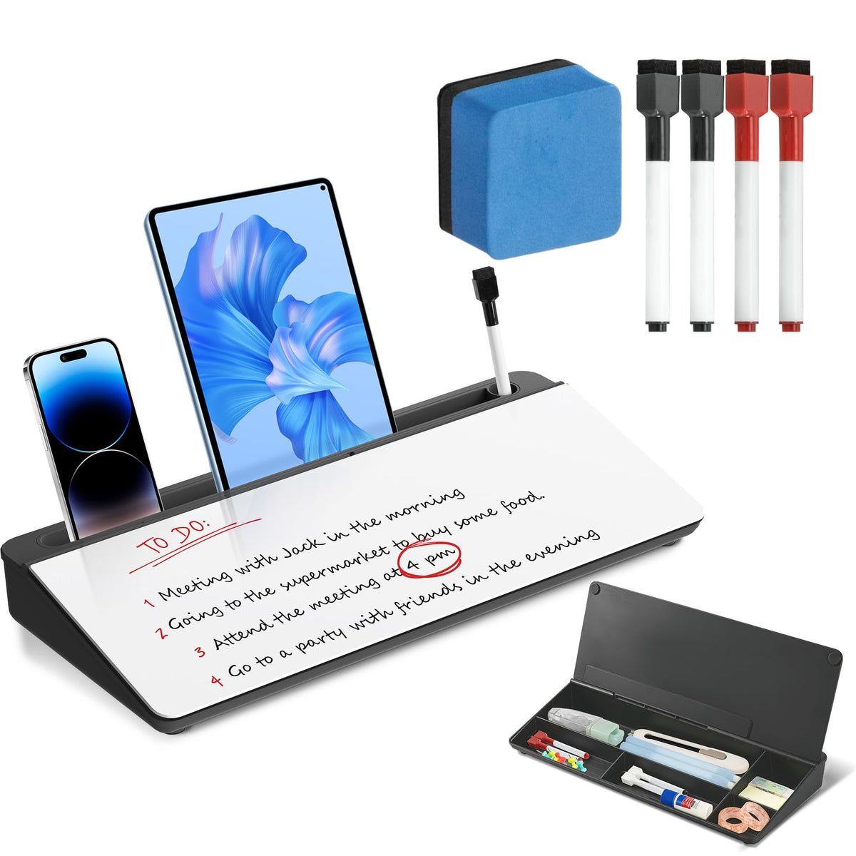 VUSIGN Glass Desktop Dry Erase Whiteboard with Hidden Storage | Sturdy Hinge Design, Scratch-Resistant Glass Surface, 4 High-Visibility Markers | Desk Buddy Organizer for Home Office (White)