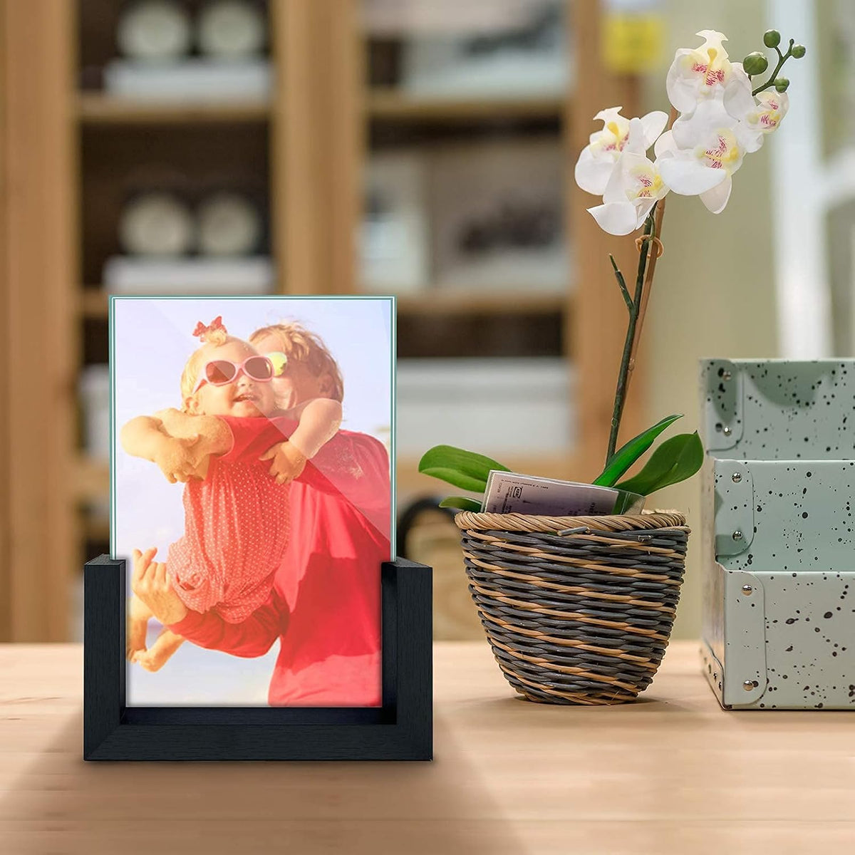 MEBRUDY 5x7 Picture Frame 2 Pack, Black Photo Frames with Tempered Glass Cover and Wooden Base for Tabletop or Desktop Display