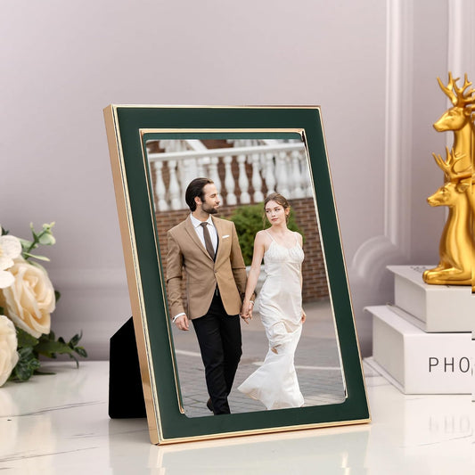 YiPinYin 5x7''Jasper Green Enamel Picture Frames with Gold-Plated Metal Frame Design,HD-Real Glass & Velvet Back,for Countertop,Tabletop Display,Bookshelf,Wall Décor