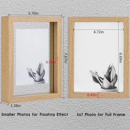 MUYE 5x7 Floating Frame Set of 2,Double Glass Rustic Photo Frame for Wall Hanging or Tabletop Standing,Also Display 4x6 or 3x5 Photo for Floating Effect,Natural
