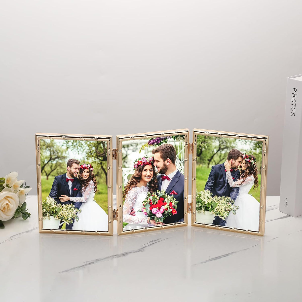 YiPinYin Dark Gold 4x6'' Bamboo Detail Designs Hinged Triple Metal Picture Frame,Elegant Gold Plated Wedding Photo Frames With Soft Touch Velvet Backing for Desktop and Wall Décor