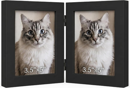 Lyeasw 3.5x5 Picture Frame Double Hinged, Classic Two Opening 3.5 by 5 Family Dual Photo Frame with Glass, Black Folding Free-Standing Vertical Frame for Tabletop,Desktop or Shelf