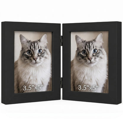 Lyeasw 3.5x5 Picture Frame Double Hinged, Classic Two Opening 3.5 by 5 Family Dual Photo Frame with Glass, Black Folding Free-Standing Vertical Frame for Tabletop,Desktop or Shelf